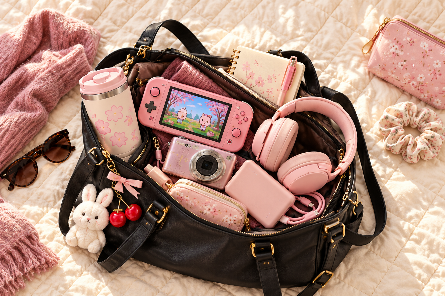 Illustration of a black bag with pink handheld, camera, headphones, power bank and notebook