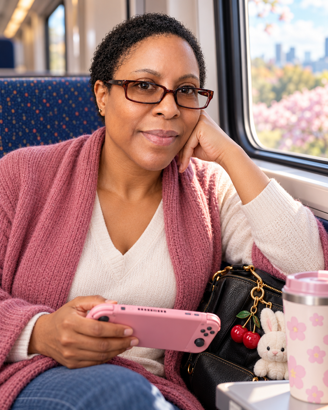 Danielle Wills seated on a train with burgundy glasses, pink cardigan, handheld and black bag