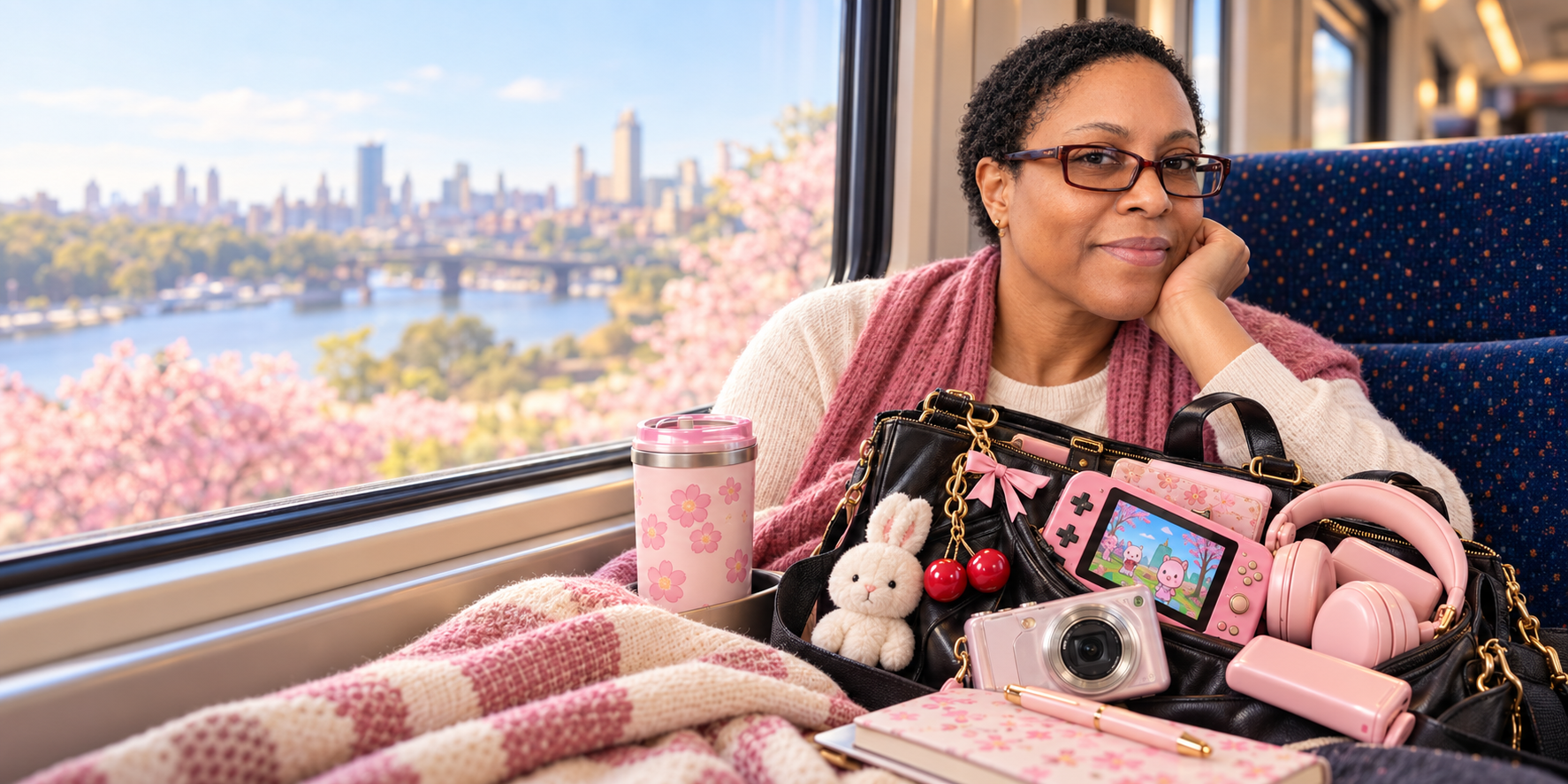 Illustration of Danielle travelling by train with a black bag and pink gear