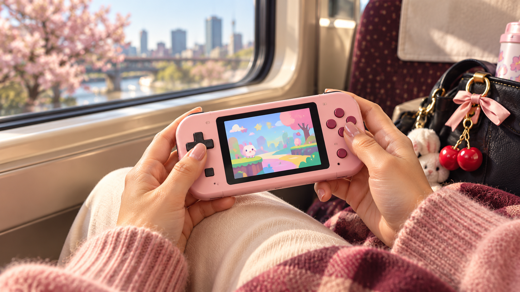 Illustration of a pink handheld game used on a train, not a completed product review