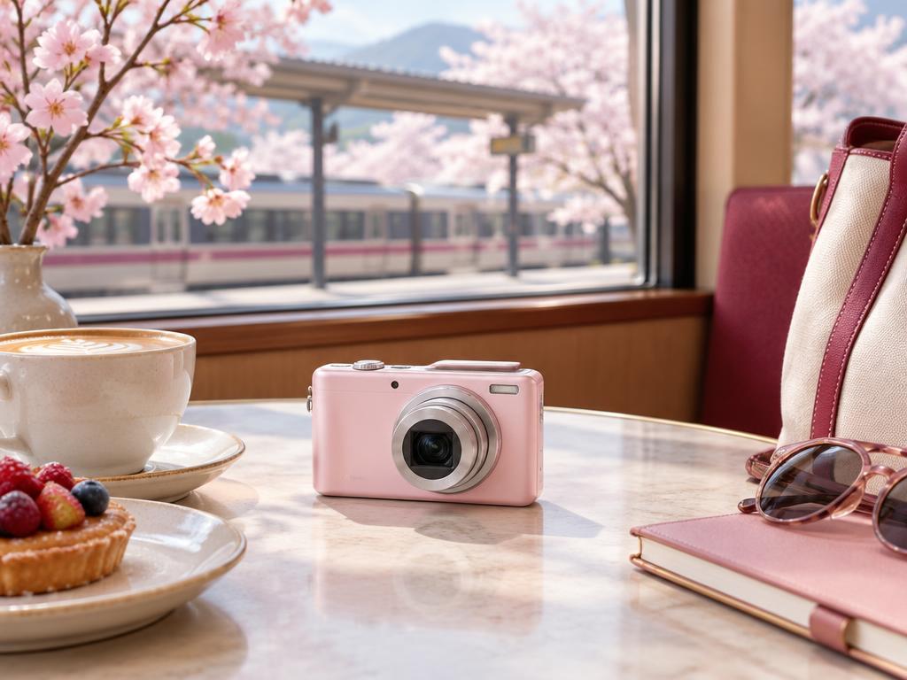 Illustrative pink compact camera at a station cafe