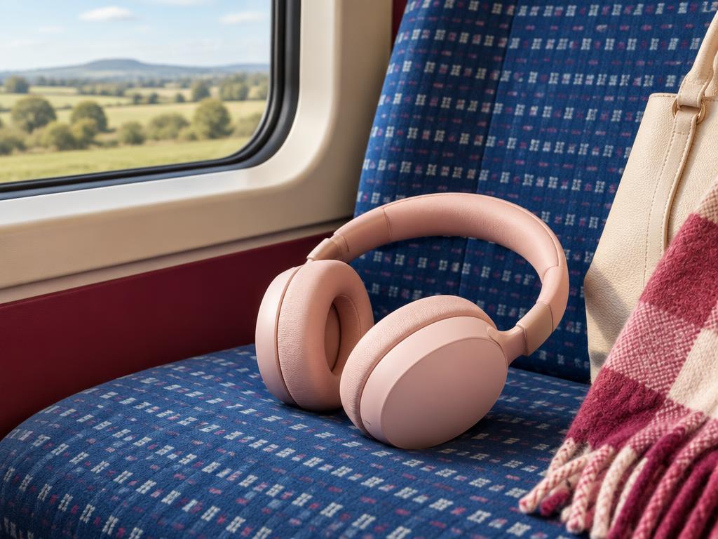 Illustrative pink headphones on a train seat