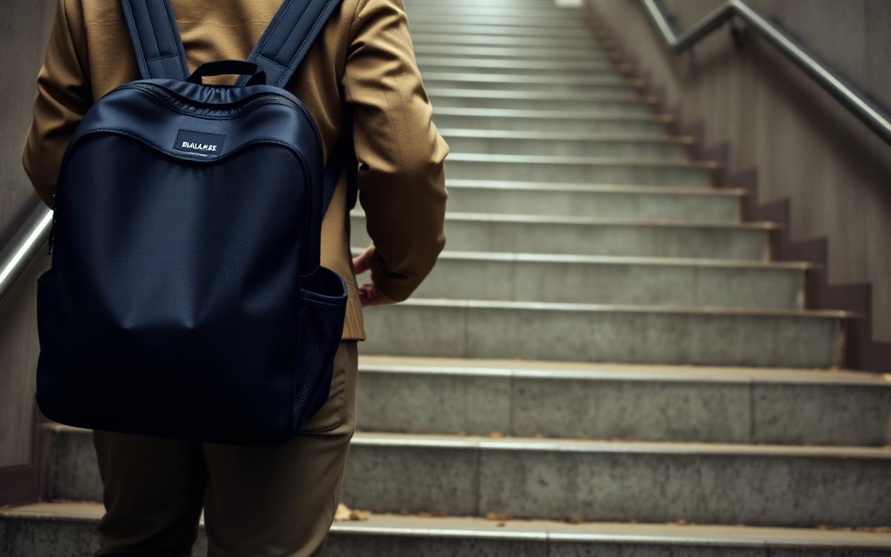 A travel backpack carried up station stairs